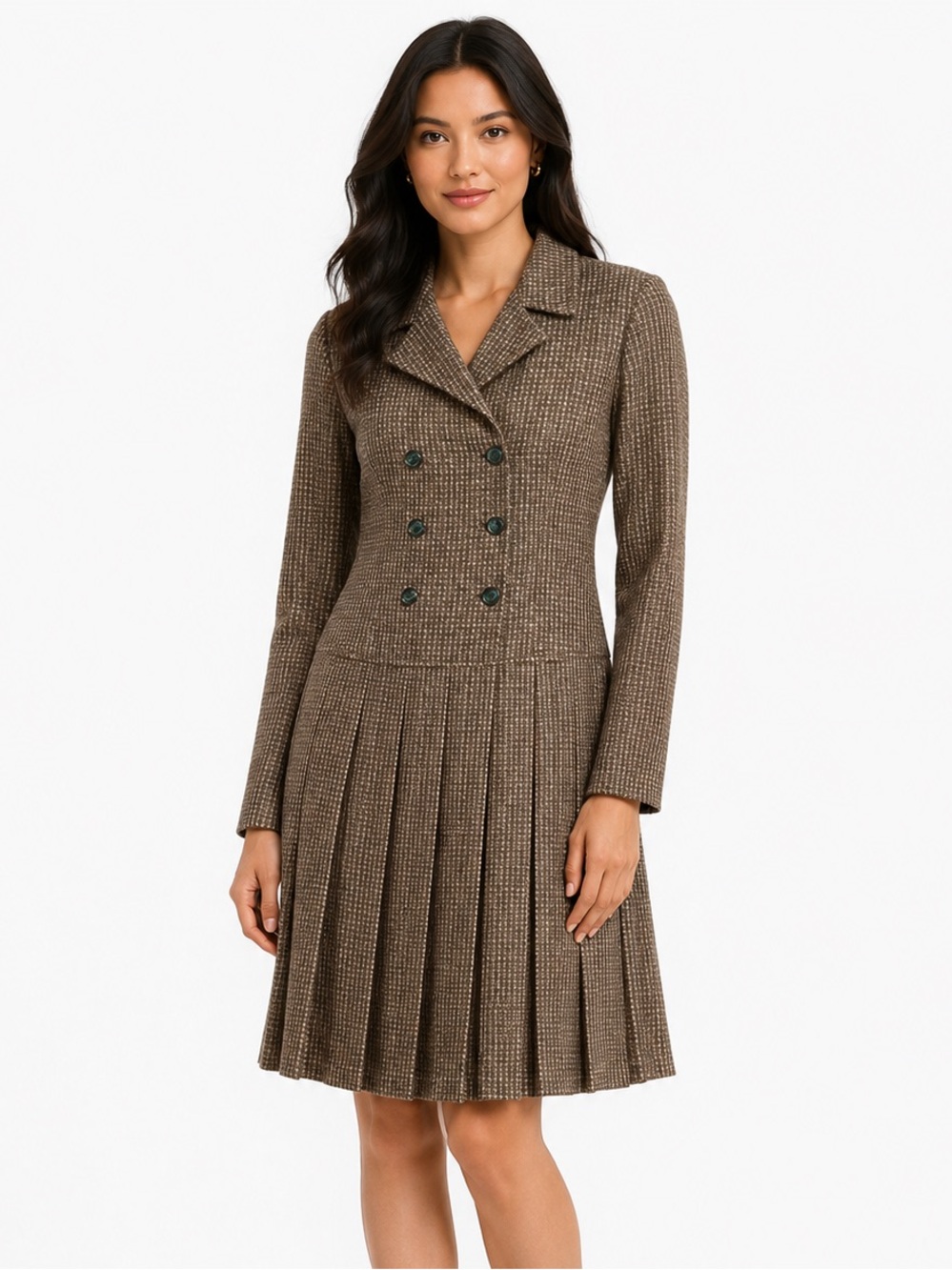 Classic Brown Plaid Pleated Long-Sleeve Dress